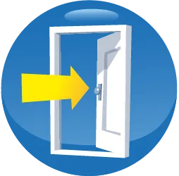 IITR Datenschutz für Kindergärten - Rundes, blaues Tür-Icon mit einer offenen Tür und einem gelben Pfeil, welcher rein zeigt