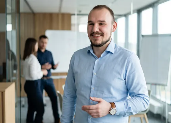 Freundlicher externer Datenschutzbeauftragter in einem modernen Büro – kompetente Beratung, persönliche Betreuung und Unterstützung bei der Umsetzung der DSGVO.
